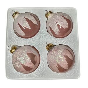 Vintage 4 Set Pink Blown Mercury Glass Rauch Decorated White Glitter Ornaments